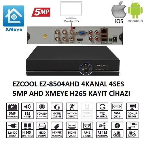 ezcool-ez-8504ahd-kayit-cihazlari-168326 EZCOOL EZ-8504AHD 4 KANAL 5 MP 1HDD XMEYE KAYIT CİHAZI - Görsel 1