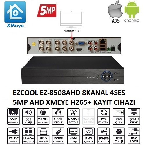 ezcool-ez-8508ahd-kayit-cihazlari-168321 EZCOOL EZ-8508AHD 8 KANAL 5 MP 1HDD XMEYE KAYIT CİHAZI - Görsel 1
