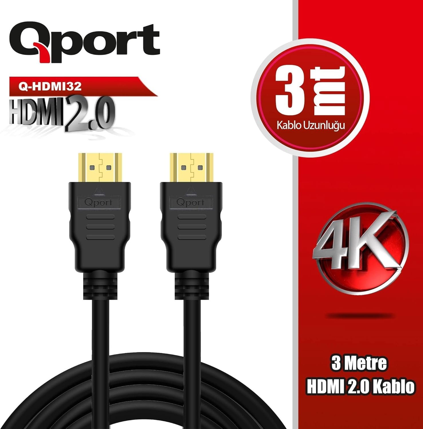 qport-q-hdmi32-hdmi-2-0-v-altin-uclu-kablo-3-mt-kablo-ve-adaptor-207548 QPORT Q-HDMI32 HDMI 2.0 V ALTIN UÇLU KABLO 3 MT - Görsel 1