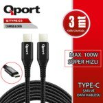 QPORT Q-TYPE-C3 3M TYPE-C 100W SUPER HIZLI PD SARJ VE DATA KABLOSU