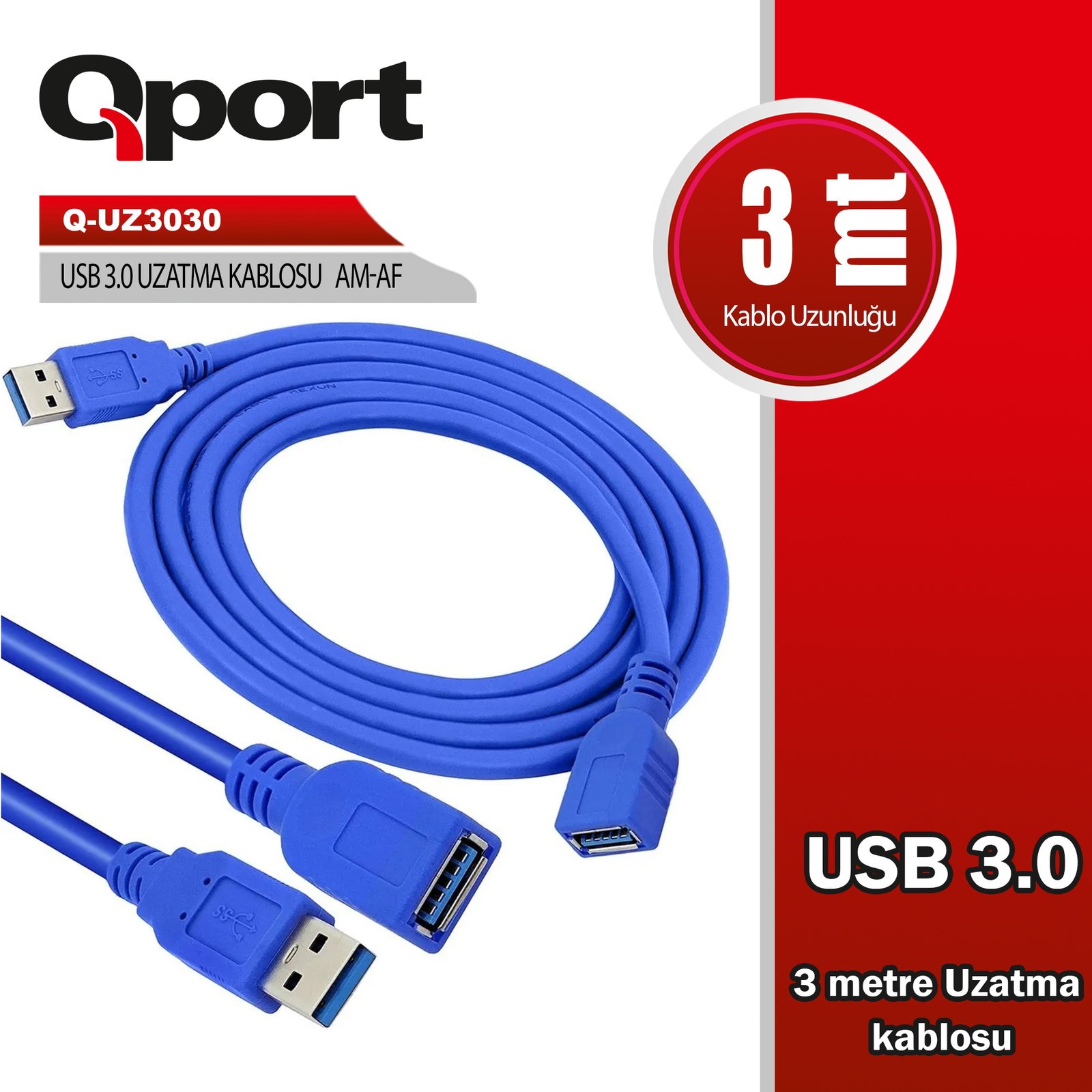 qport-q-uz3030-usb3-0-3mt-uzatma-kablosu-kablo-ve-adaptor-211442 QPORT Q-UZ3030 USB3.0 3MT UZATMA KABLOSU - Görsel 1